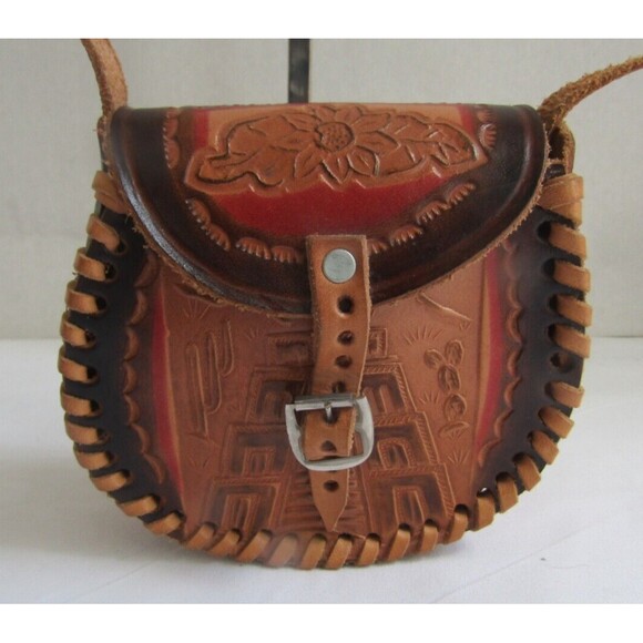 Western Crossbody Mini Brown Tooled Leather Purse Shoulder Bag - Picture 1 of 6
